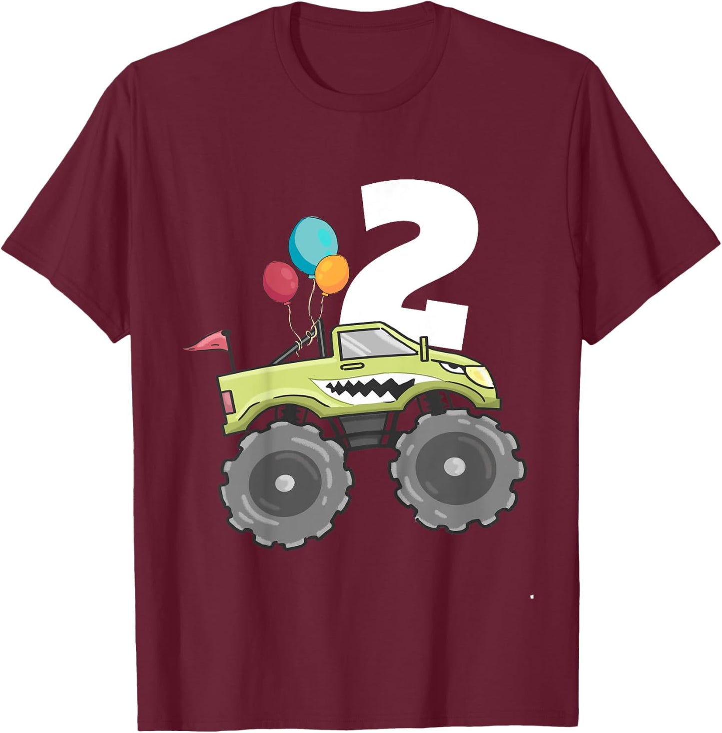 Kids Monster Truck Shark 2nd Birthday Boy 2 Two Year Old T-Shirt - T-Shirt | Maroon