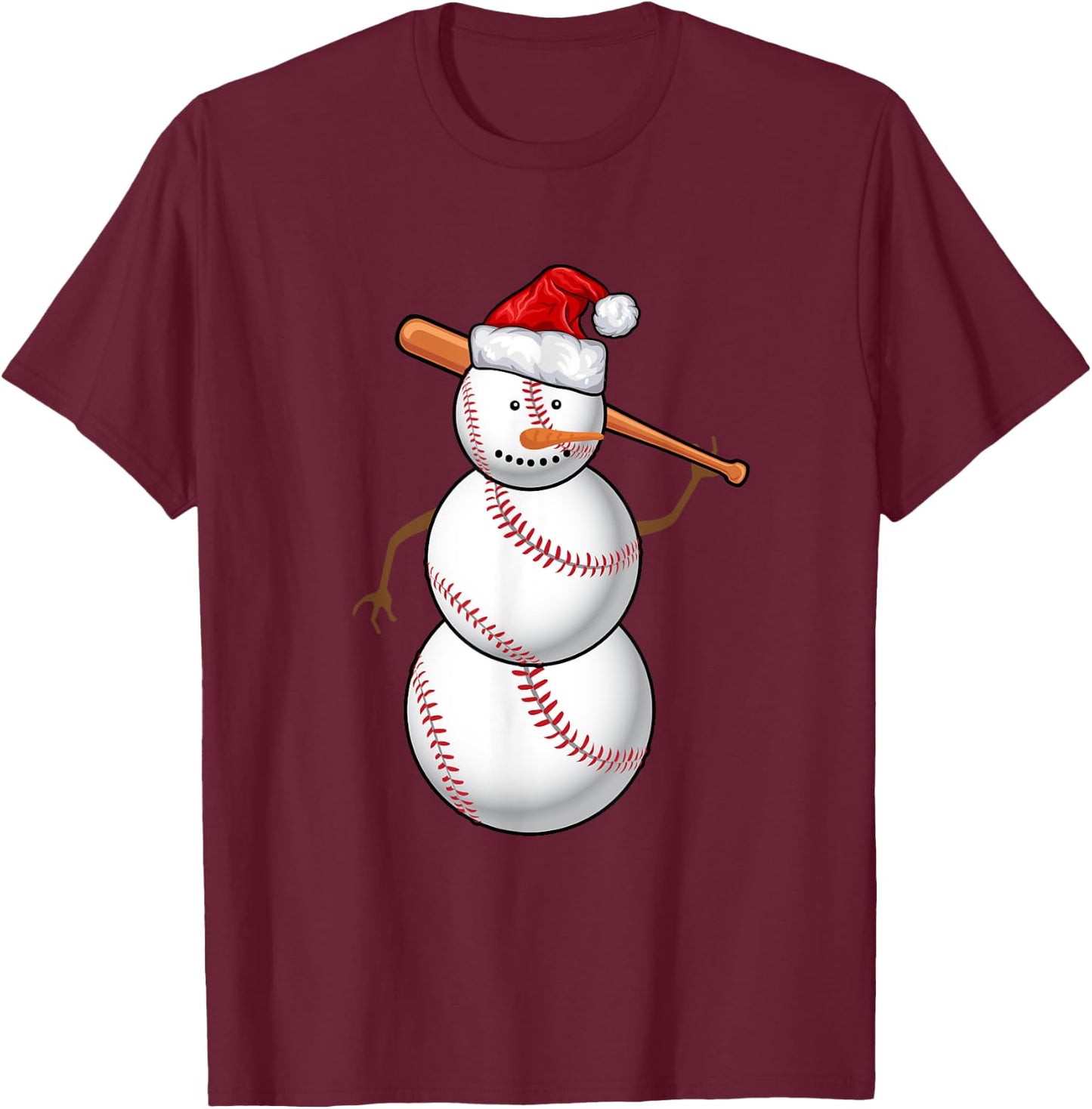 Baseball Fan Snowman Funny Christmas Gift T-Shirt - T-Shirt | Maroon