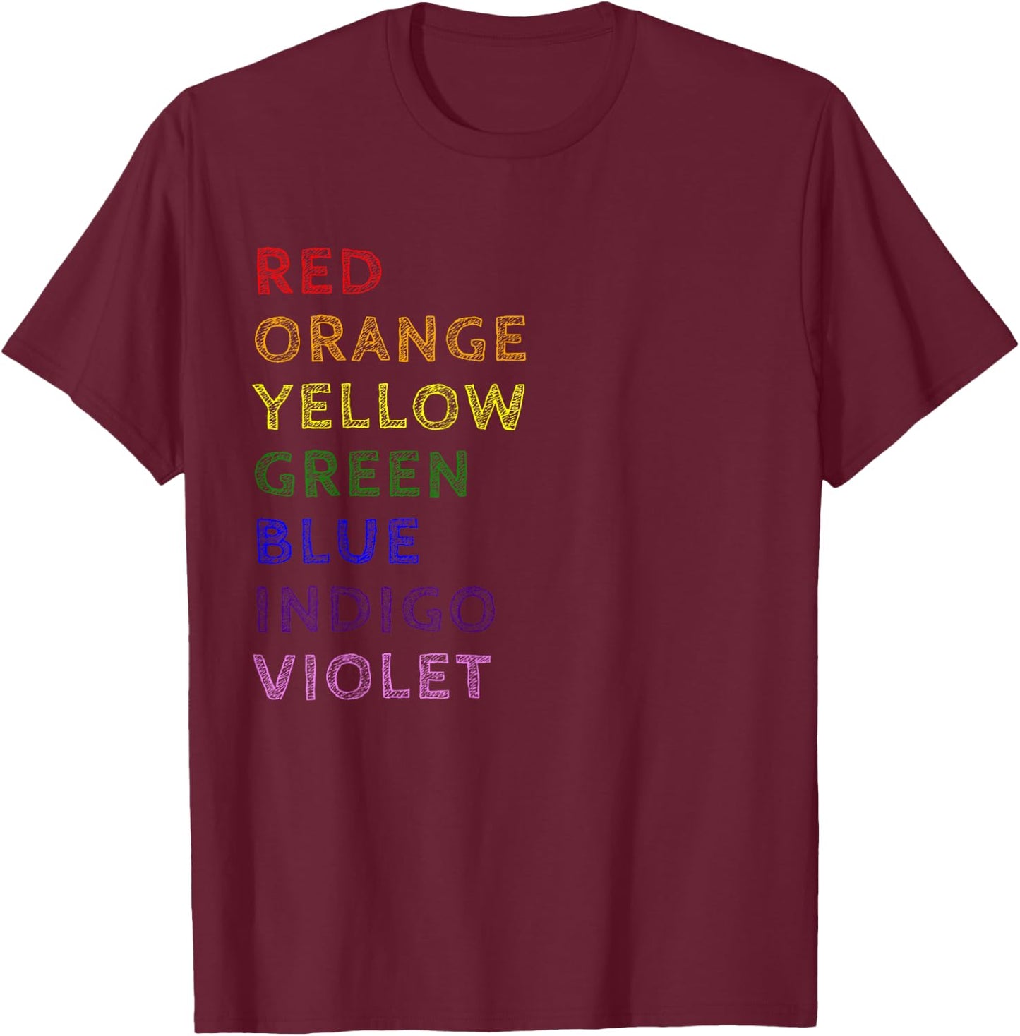 ROYGBIV Rainbow Colors Spell Out Design T-Shirt - T-Shirt | Maroon