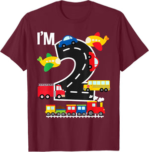 I'm 2 Birthday Boy 2nd Bday Train Car Fire Truck Airplane T-Shirt - T-Shirt | Maroon