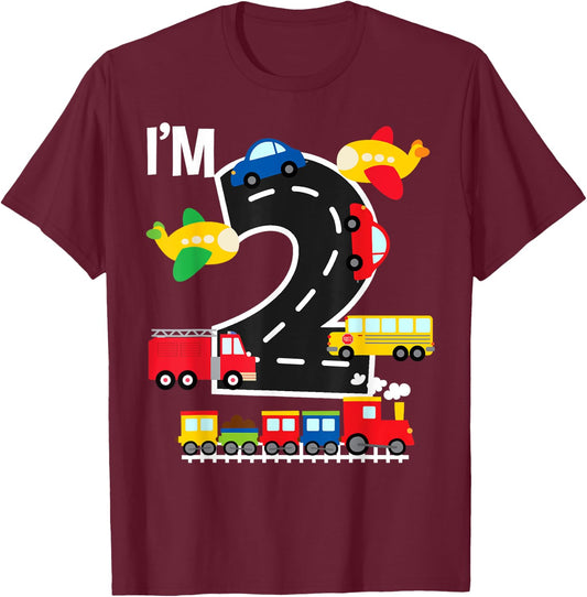 I'm 2 Birthday Boy 2nd Bday Train Car Fire Truck Airplane T-Shirt - T-Shirt | Maroon