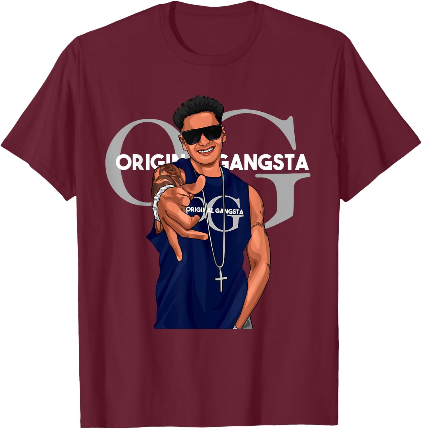 Original Gangsta Pauly D OG with Sunglasses and Chain T-Shirt - T-Shirt | Maroon