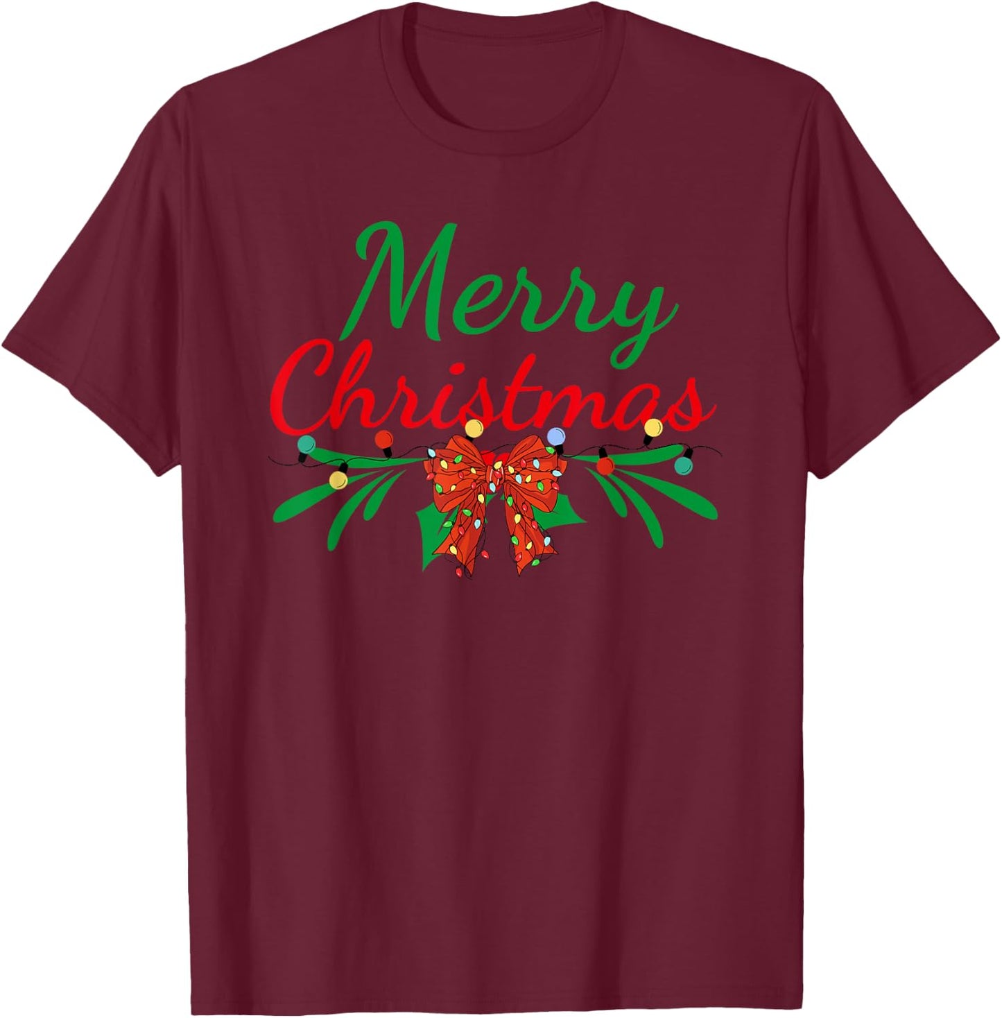 Merry Christmas Lights Red Santa Hat Xmas Family Men Women T-Shirt - T-Shirt | Maroon