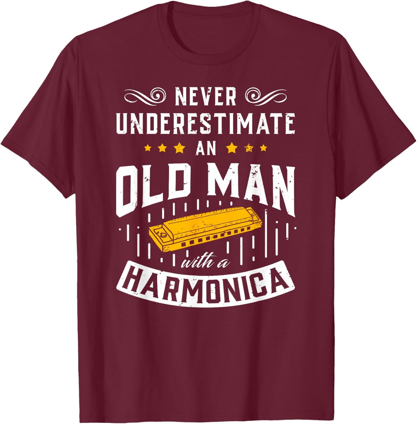 An Old Man With A Harmonica Music Musician Gift T-Shirt - T-Shirt | Maroon