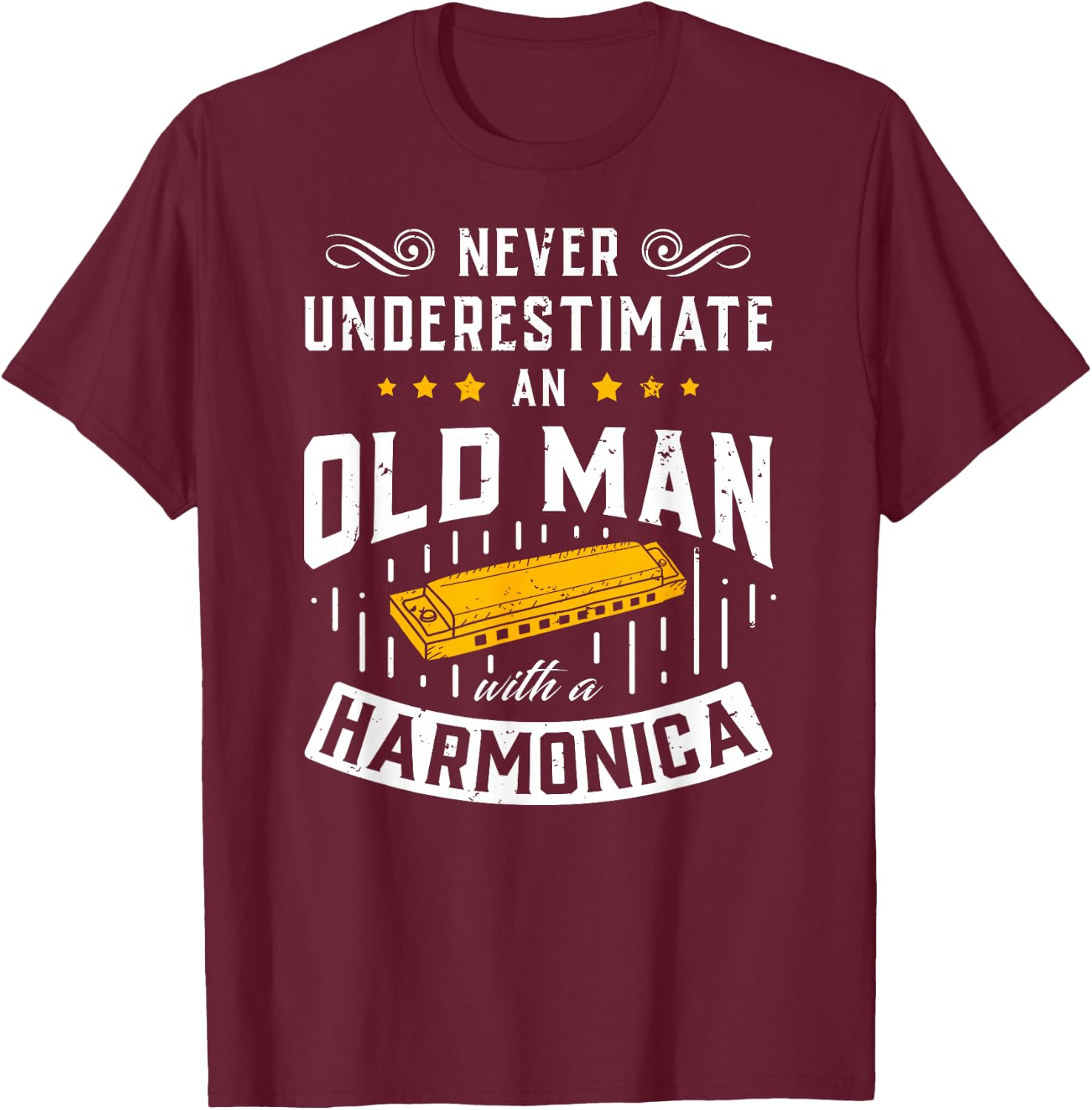 An Old Man With A Harmonica Music Musician Gift T-Shirt - T-Shirt | Maroon