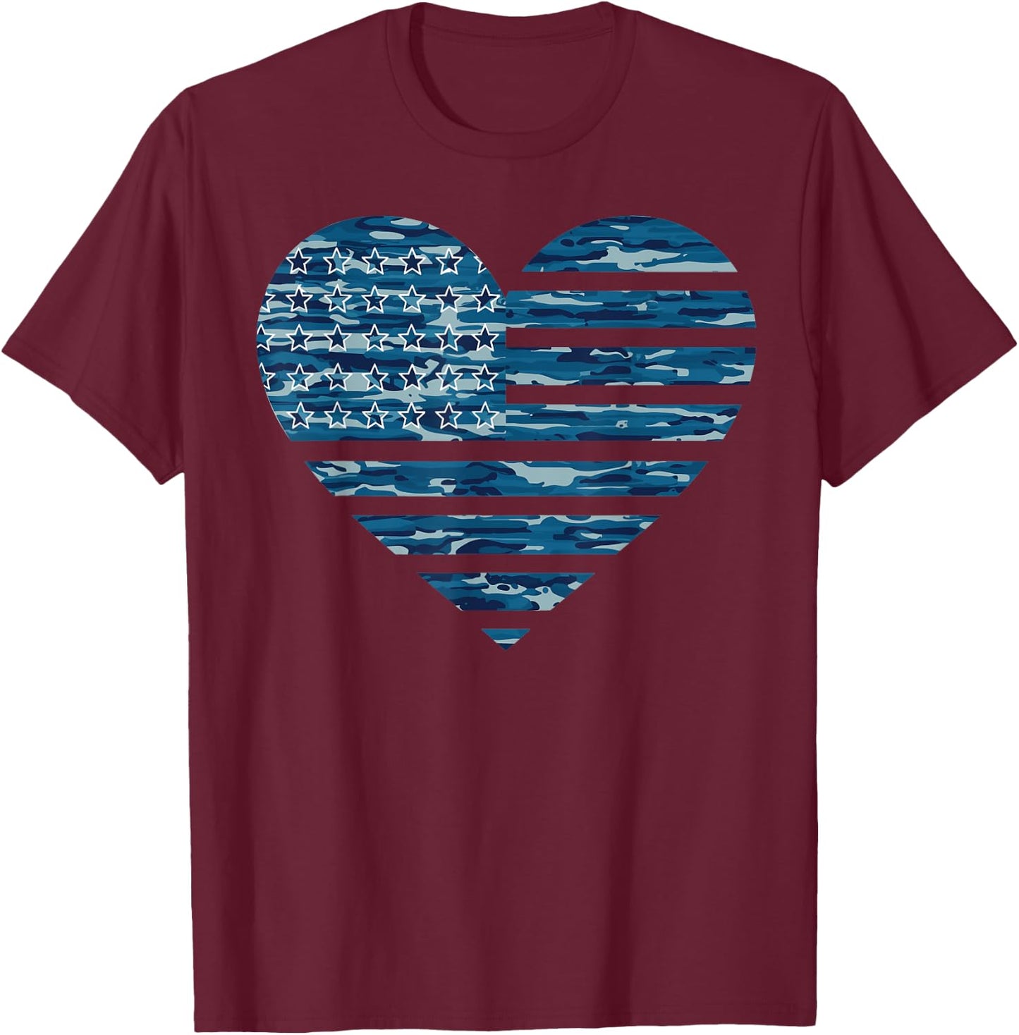 Blue Camo American Heart USA Men Boys Women Girls Kids T-Shirt - T-Shirt | Maroon