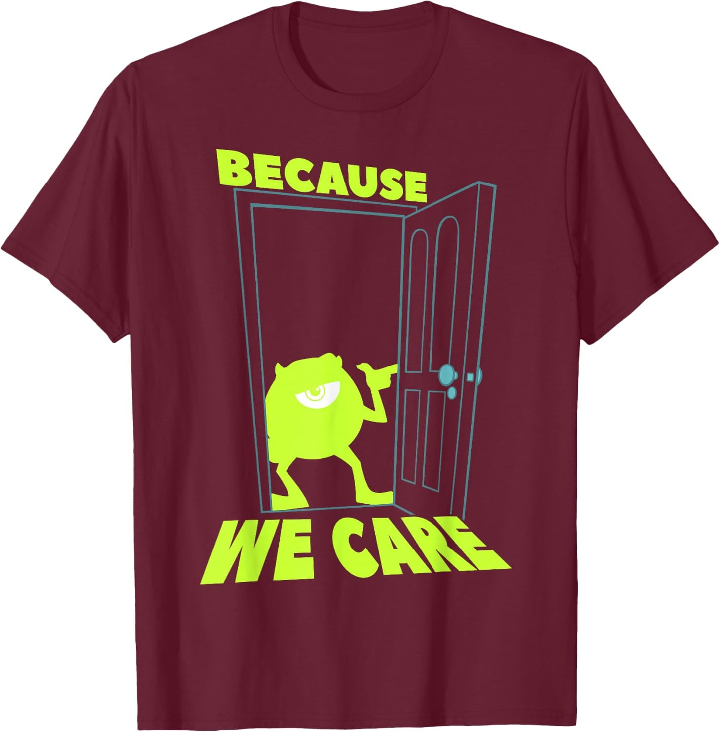 Disney Pixar Monsters, Inc. Mike We Scare We Care Door T-Shirt - T-Shirt | Maroon