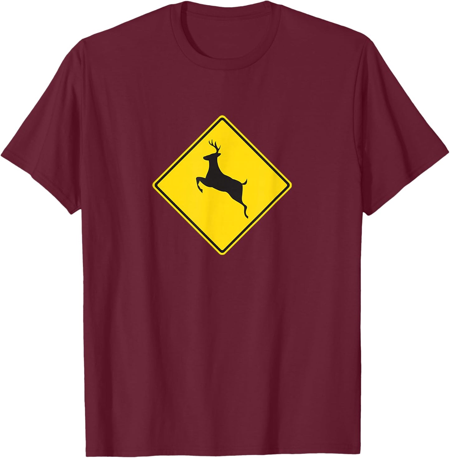Outdoors Yellow Deer Crossing Sign T-Shirt - T-Shirt | Maroon