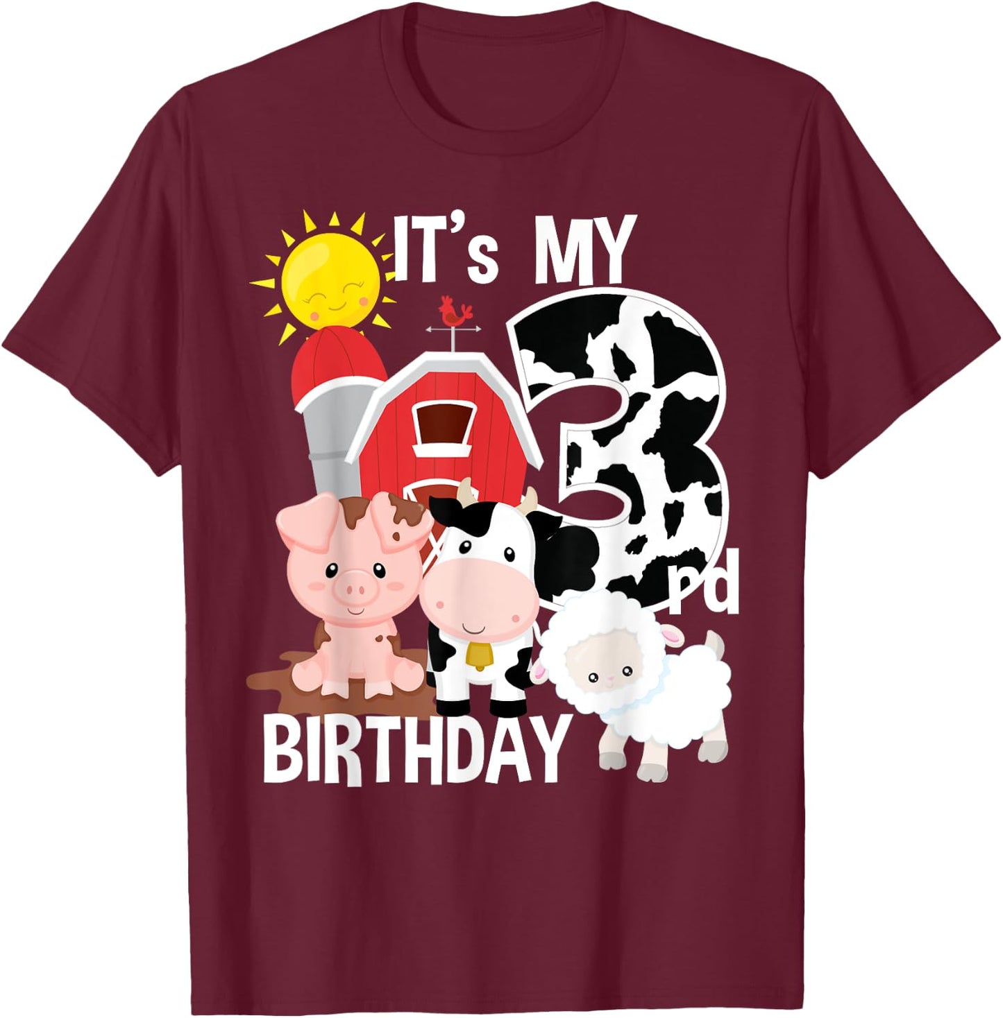 Farm Animals 3 Year Old It's My 3rd Birthday Party T-Shirt - T-Shirt | Maroon