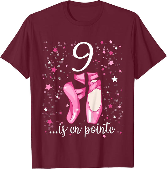 Kids Ballerina Girl 9th Birthday Shirt 9 Years Old Ballet Shoes T-Shirt - T-Shirt | Maroon
