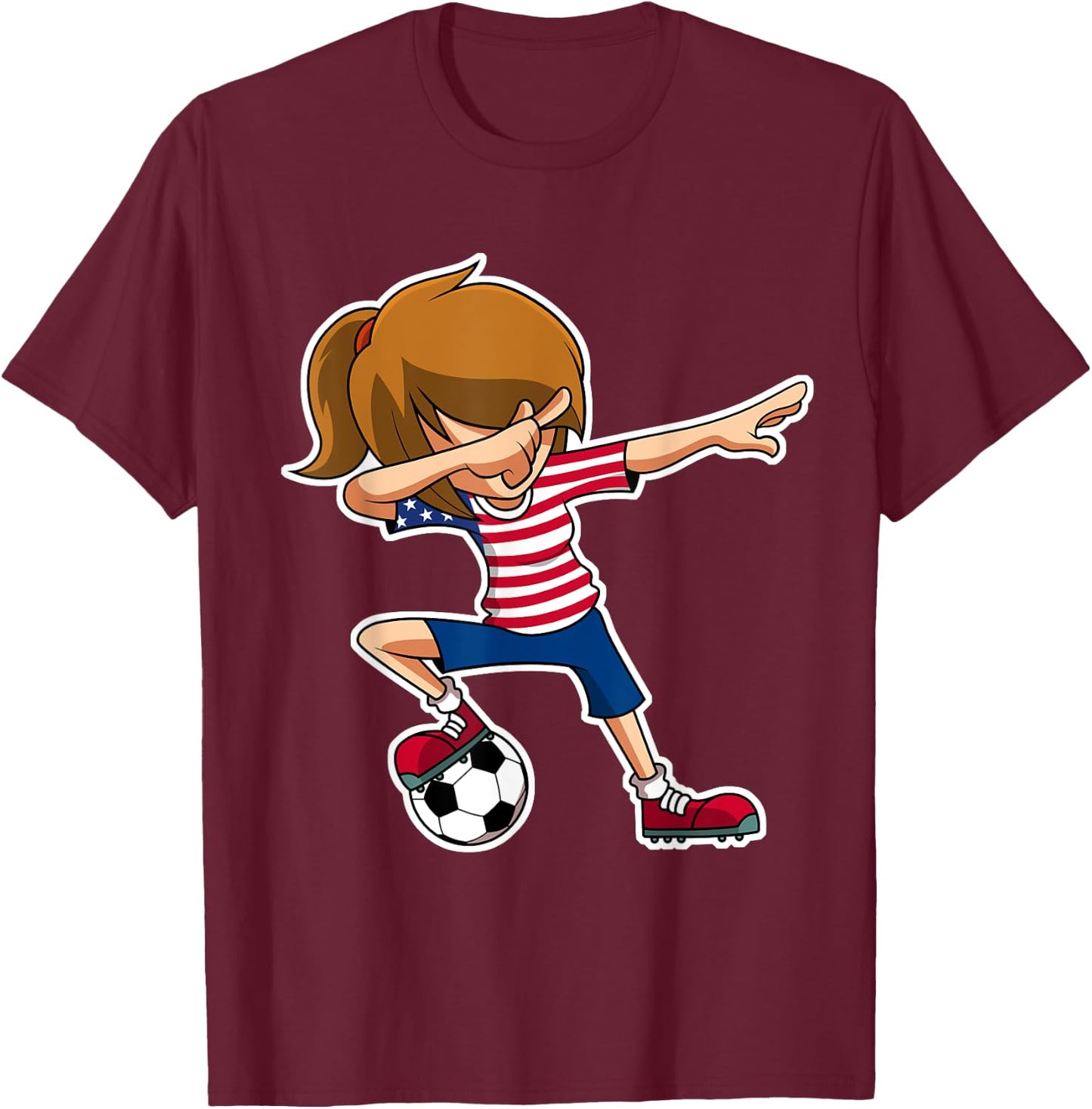 Dabbing Soccer Girl USA Shirt, American Flag Jersey T-Shirt - T-Shirt | Maroon