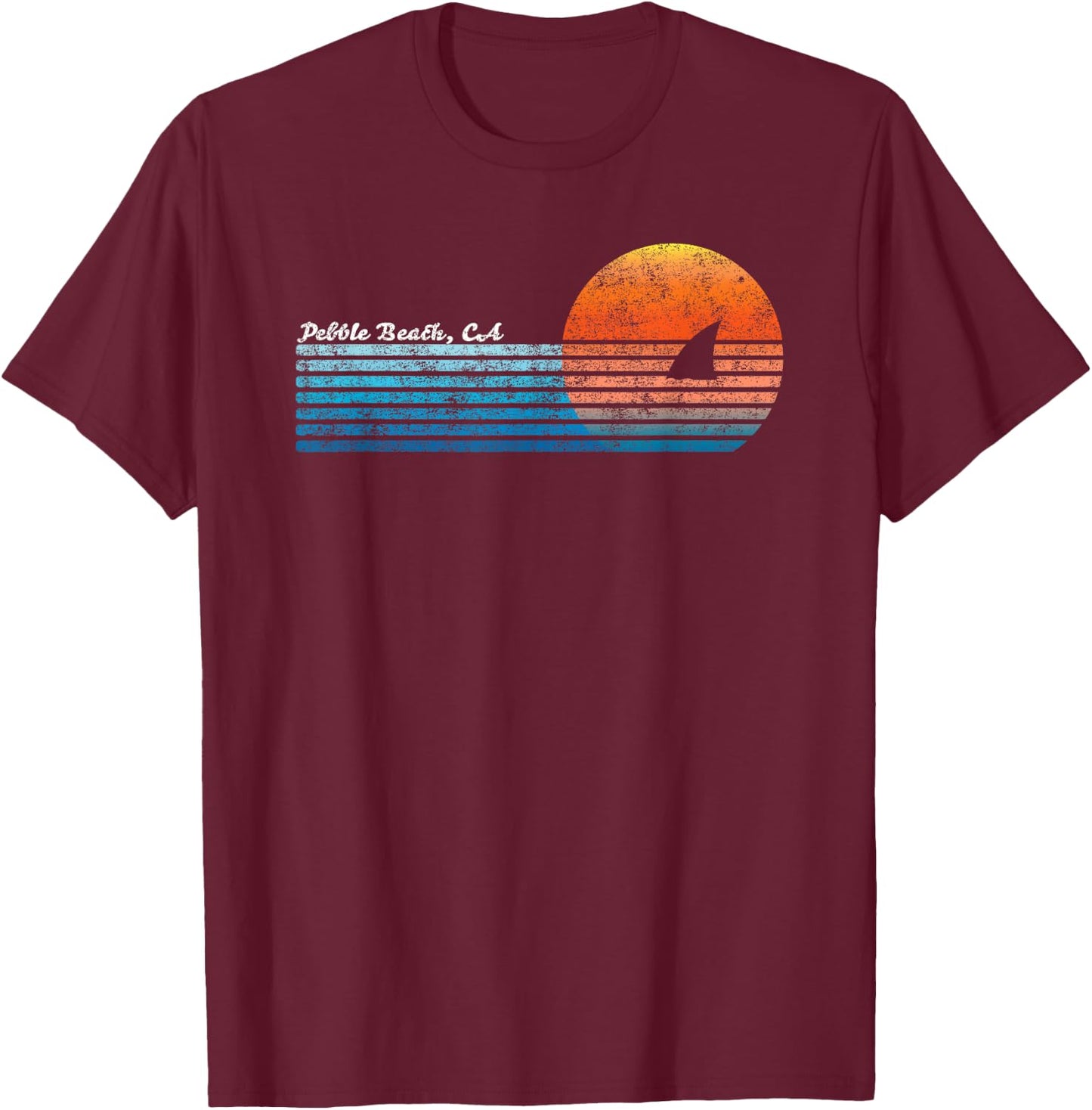 Vintage Pebble Beach, CA Retro 80s Shark Fin Sunset Women Girls Kids T-Shirt - T-Shirt | Maroon