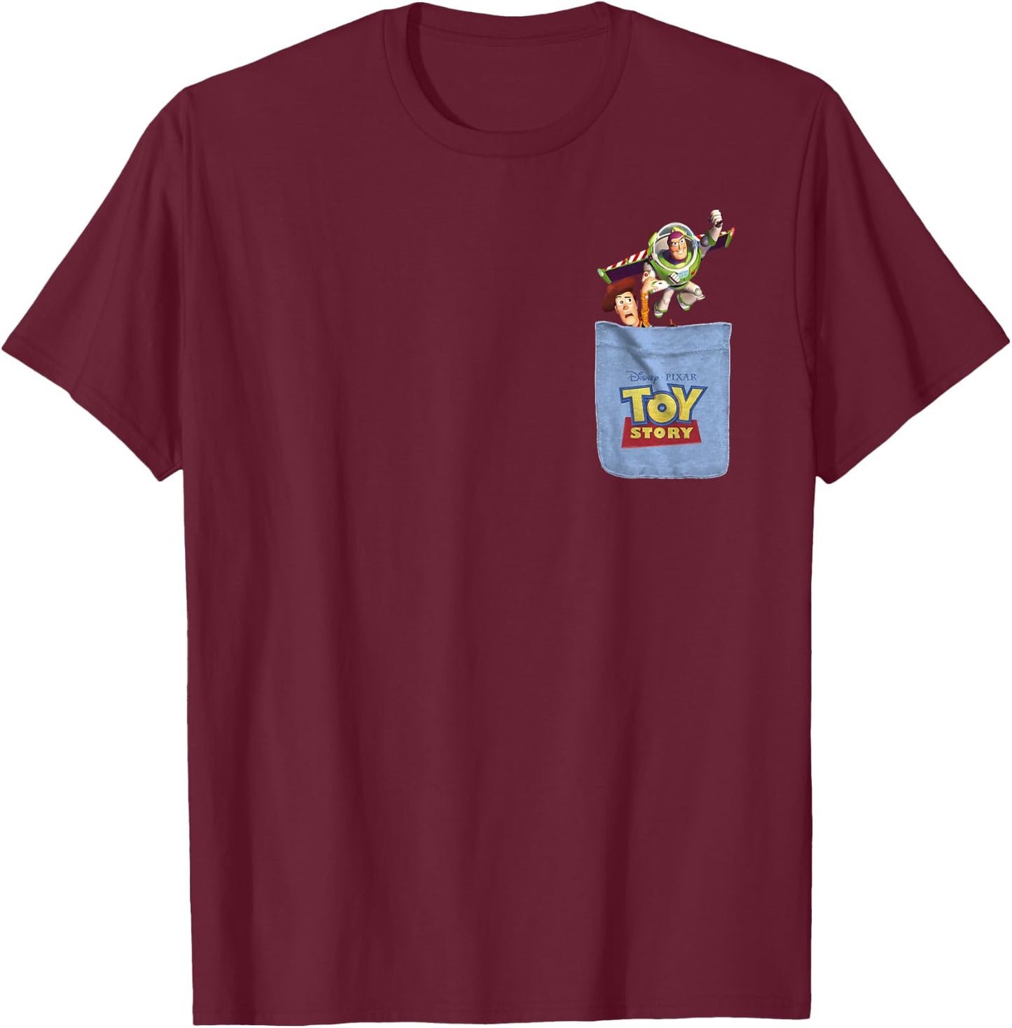 Disney Pixar Toy Story Buzz and Woody Mini Pocket Icon Logo T-Shirt - T-Shirt | Maroon