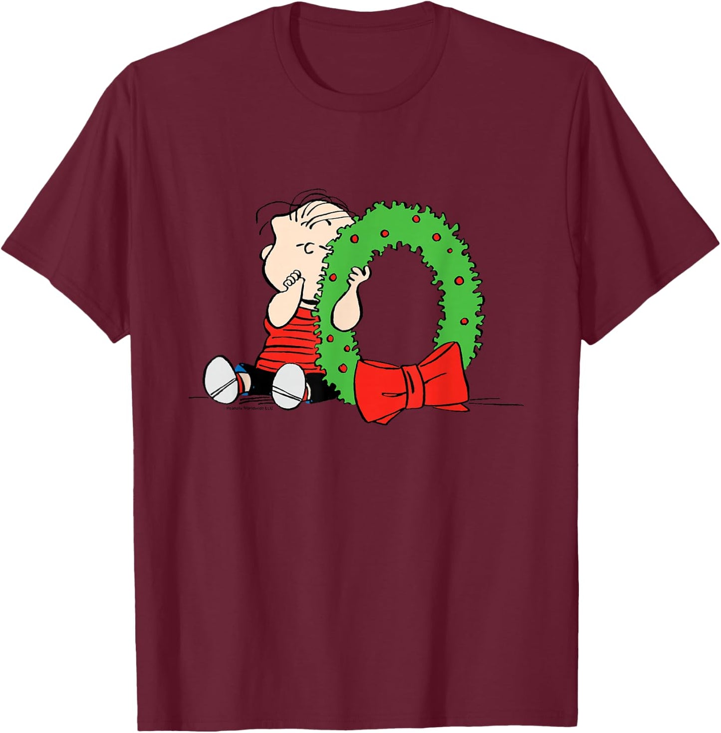 Peanuts Linus Christmas Wreath T-Shirt - T-Shirt | Maroon