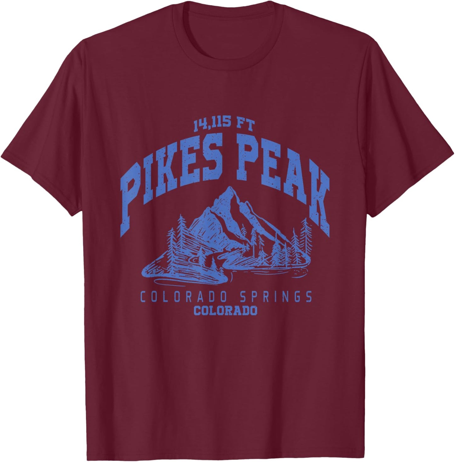 Vintage Mountain Hiking Pikes Peak Colorado Varsity Style T-Shirt - T-Shirt | Maroon