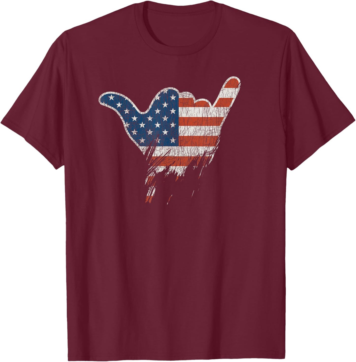 Patriotic Surfer Hang Shirt American Flag Loose Hand Sign Women Kids Men T-Shirt - T-Shirt | Maroon
