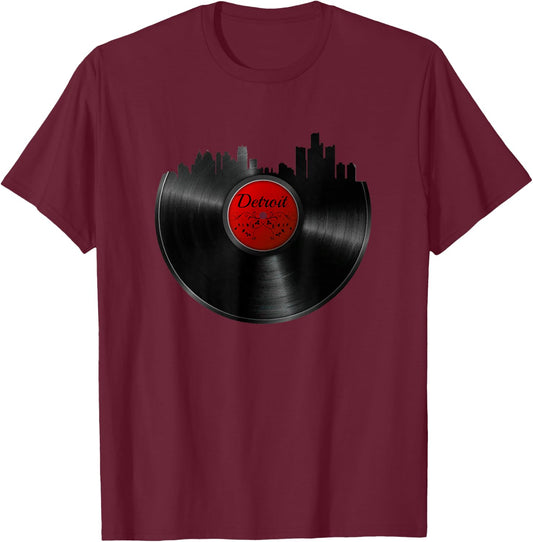 Detroit Vinyl DJ Techno Music Skyline Gift T-Shirt - T-Shirt | Maroon