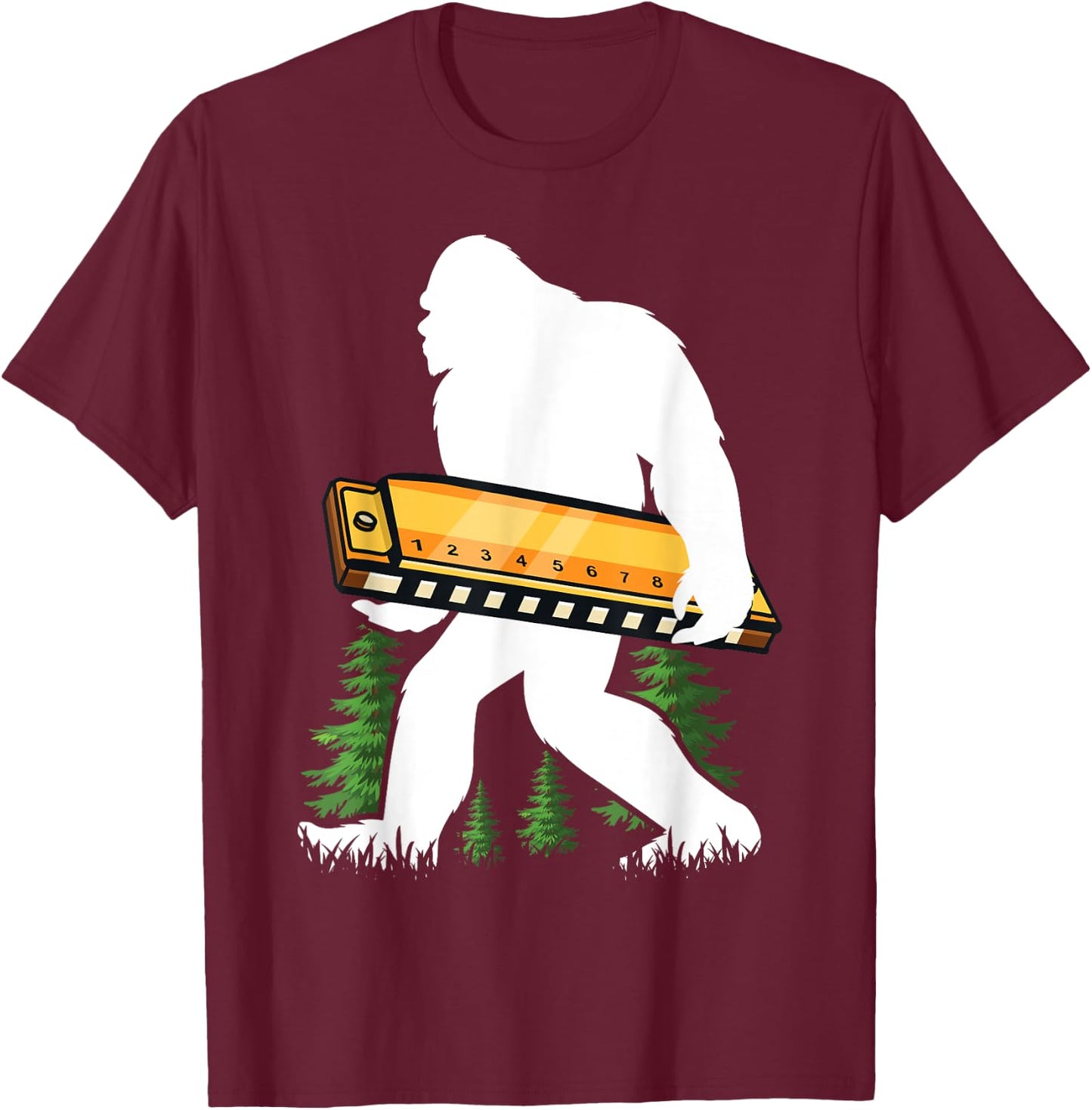 Bigfoot Carrying Harmonica Reed Instrument T-Shirt - T-Shirt | Maroon