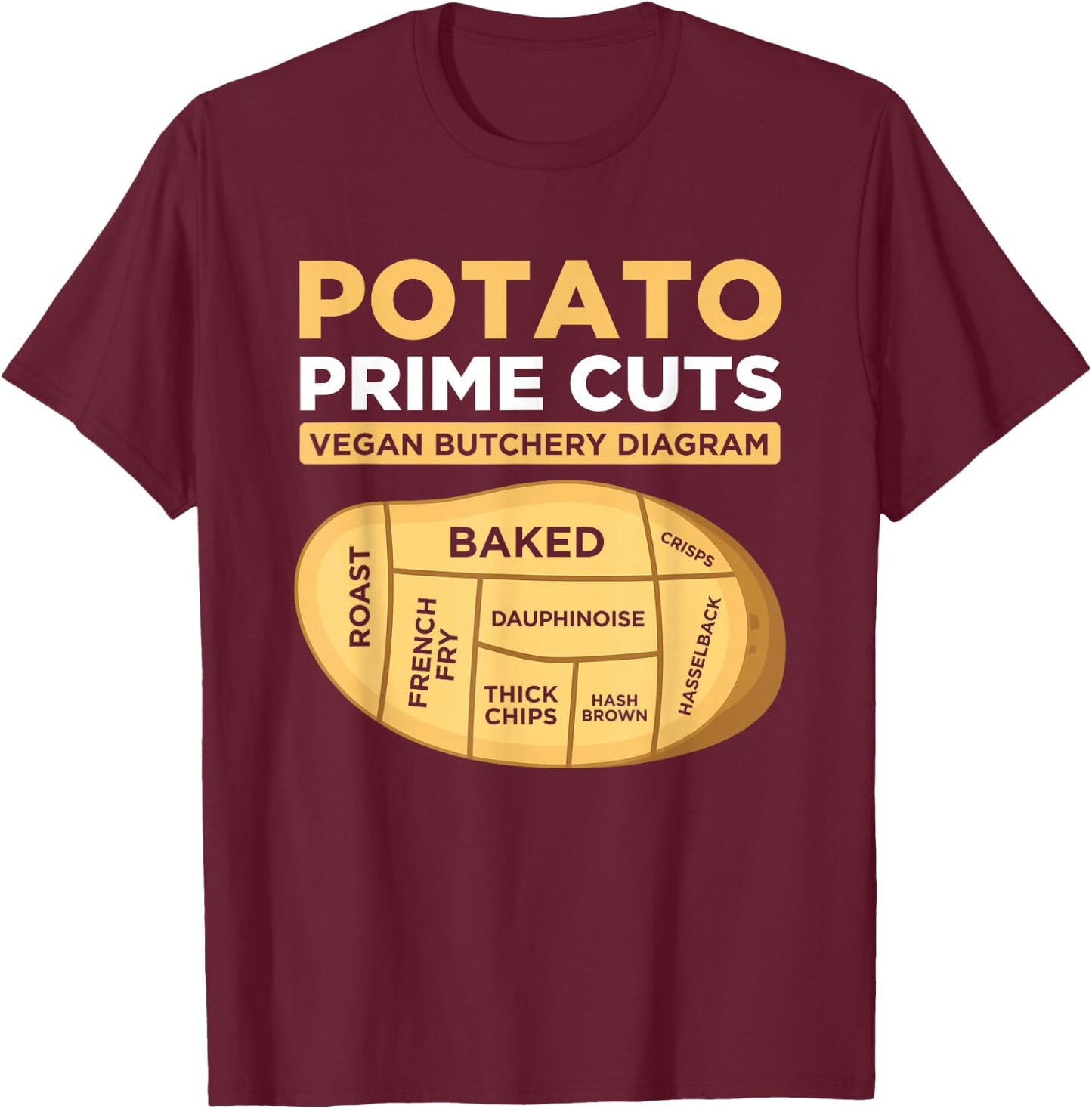 Vegans Veggies Clothing Funny Potato Prime Cuts Vegan Vegetarian Gift Black T-Shirt - T-Shirt | Maroon