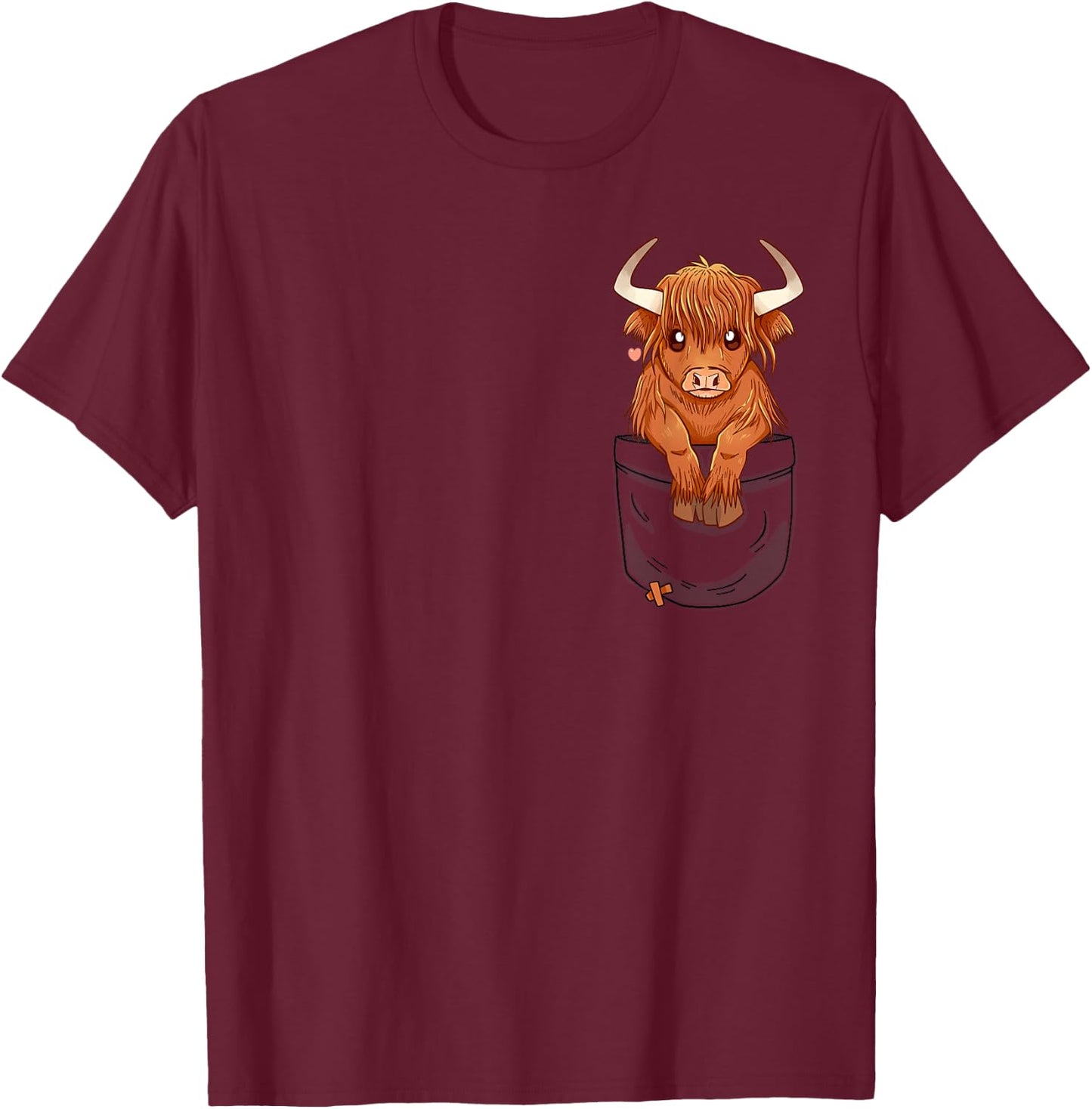 Pocket Cute Scottish Highland Cow T-Shirt - T-Shirt | Maroon