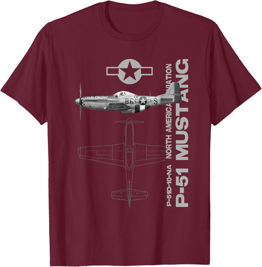 P-51 Mustang WWII Fighter Airplane Profile T-Shirt - T-Shirt | Maroon