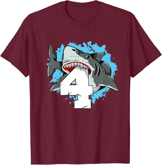 Shark 4th Birthday Boy 4 Four Shark Theme Party T-Shirt - T-Shirt | Maroon