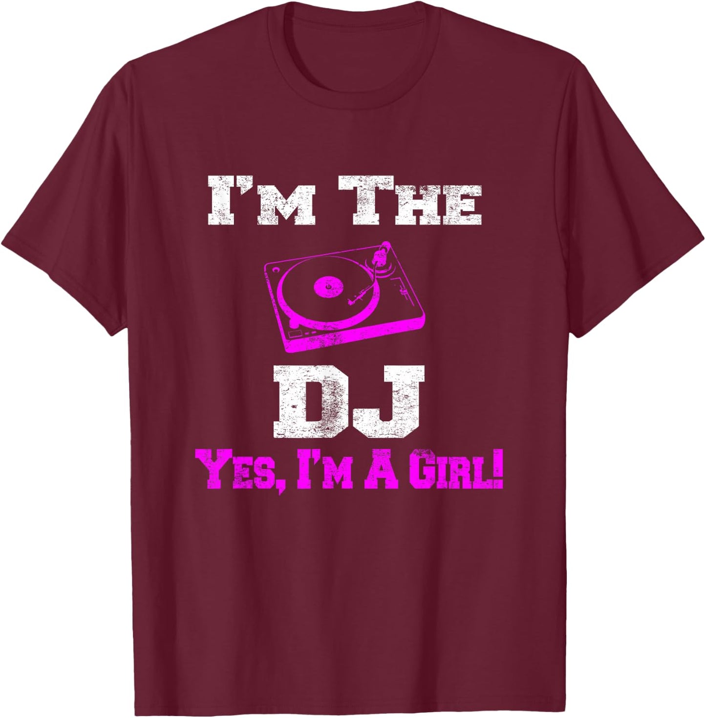 Girl Lady DJ Vintage Turntable Female T-Shirt - T-Shirt | Maroon