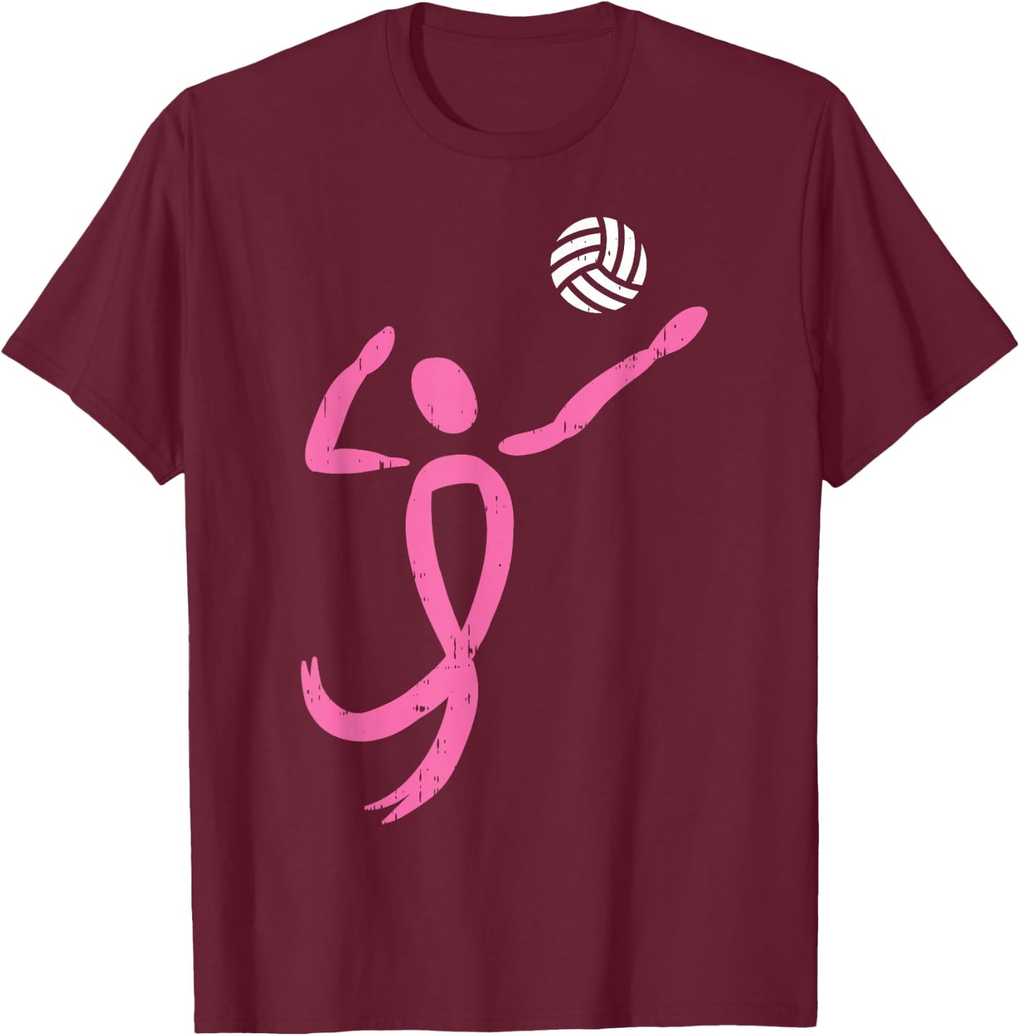 Volleyball Pink Ribbon Breast Cancer Awareness Sport Gift T-Shirt - T-Shirt | Maroon