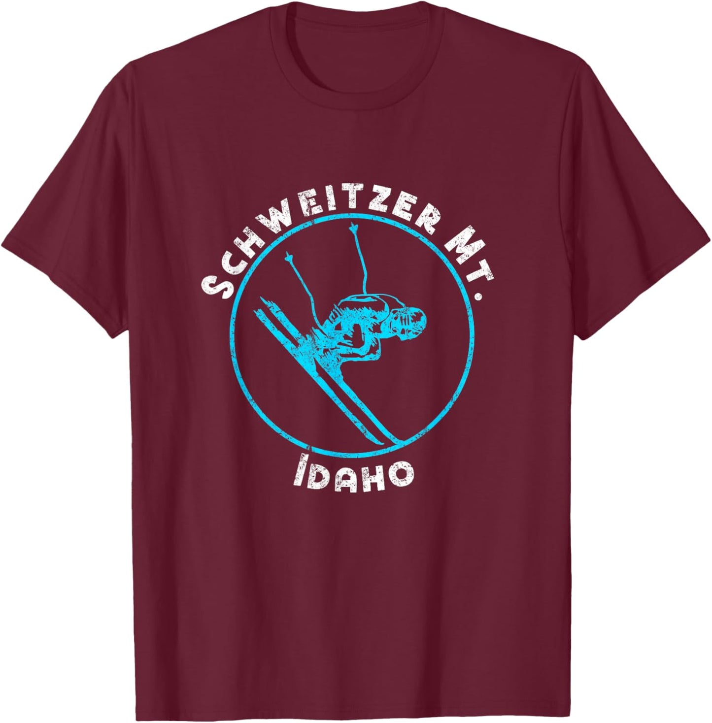 Schweitzer Mt. Idaho ID Downhill Skier Distressed Retro T-Shirt - T-Shirt | Maroon