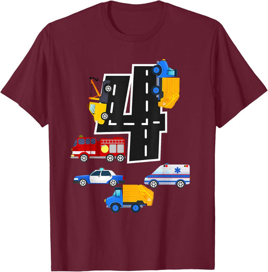 4th Birthday Boys Fire Truck Police Car 4 Year Old T-Shirt - T-Shirt | Maroon