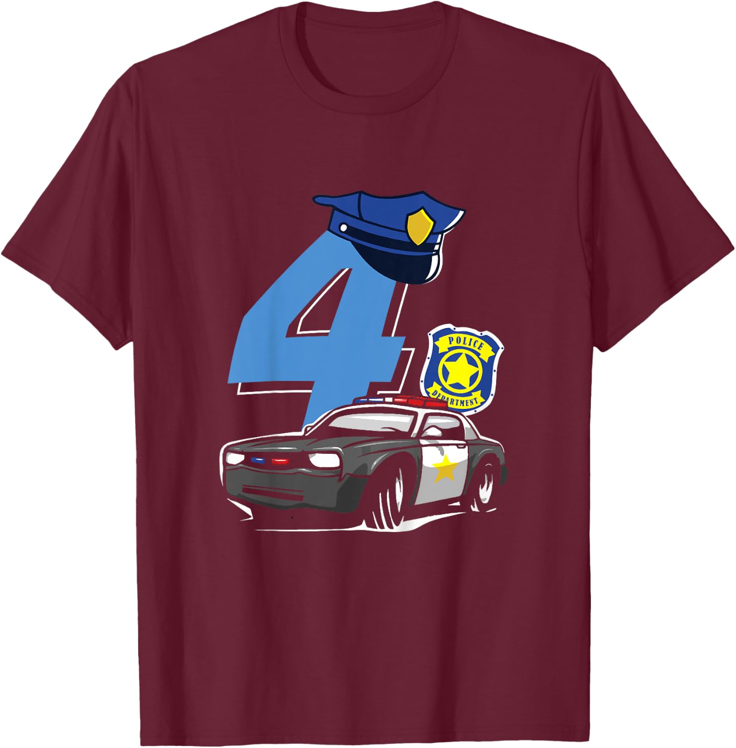 Kids 4th Birthday Police Car Policeman Costume T-Shirt - T-Shirt | Maroon