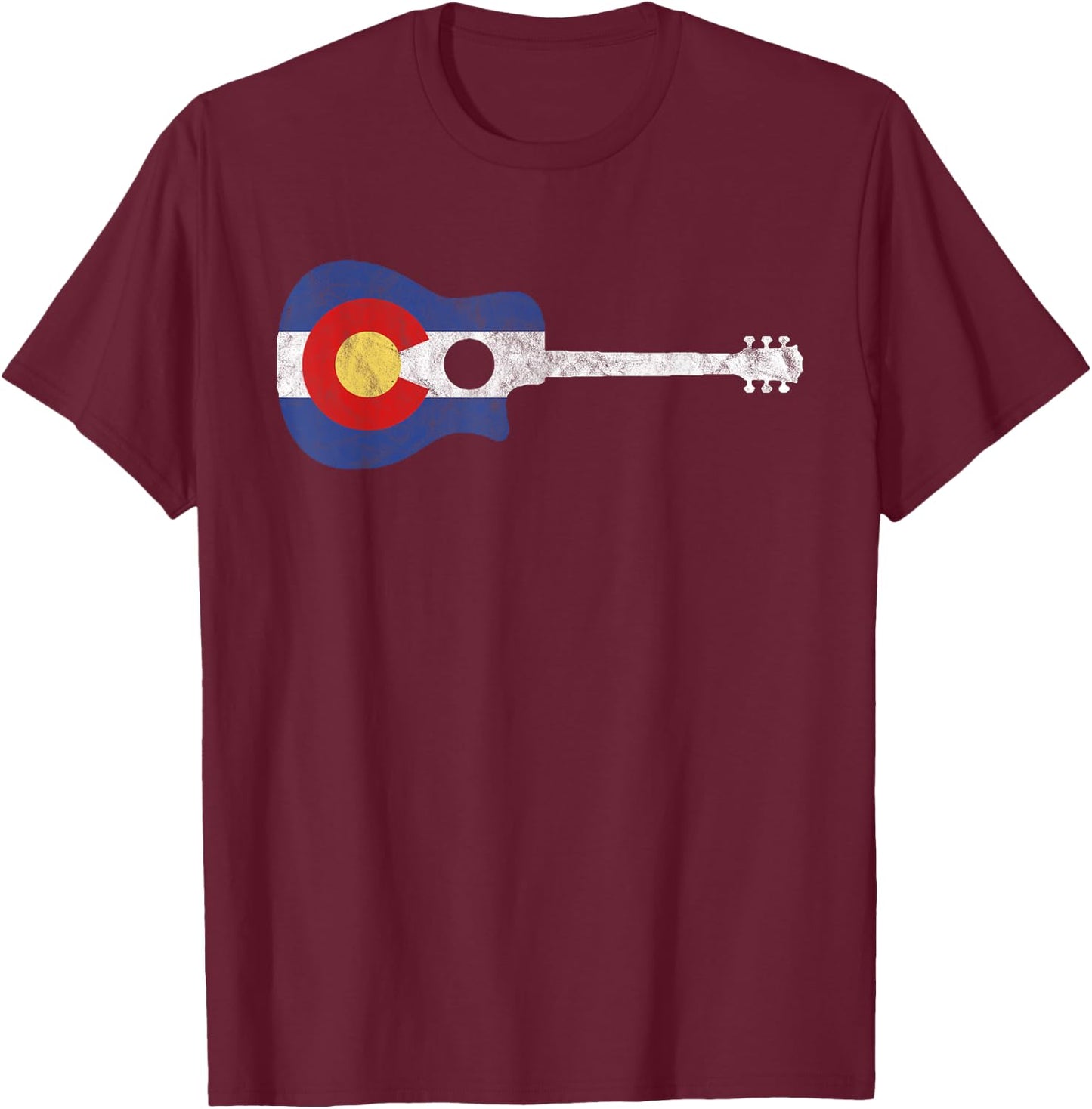 State Flag of Colorado Music - Distressed Acoustic Guitar T-Shirt - T-Shirt | Maroon