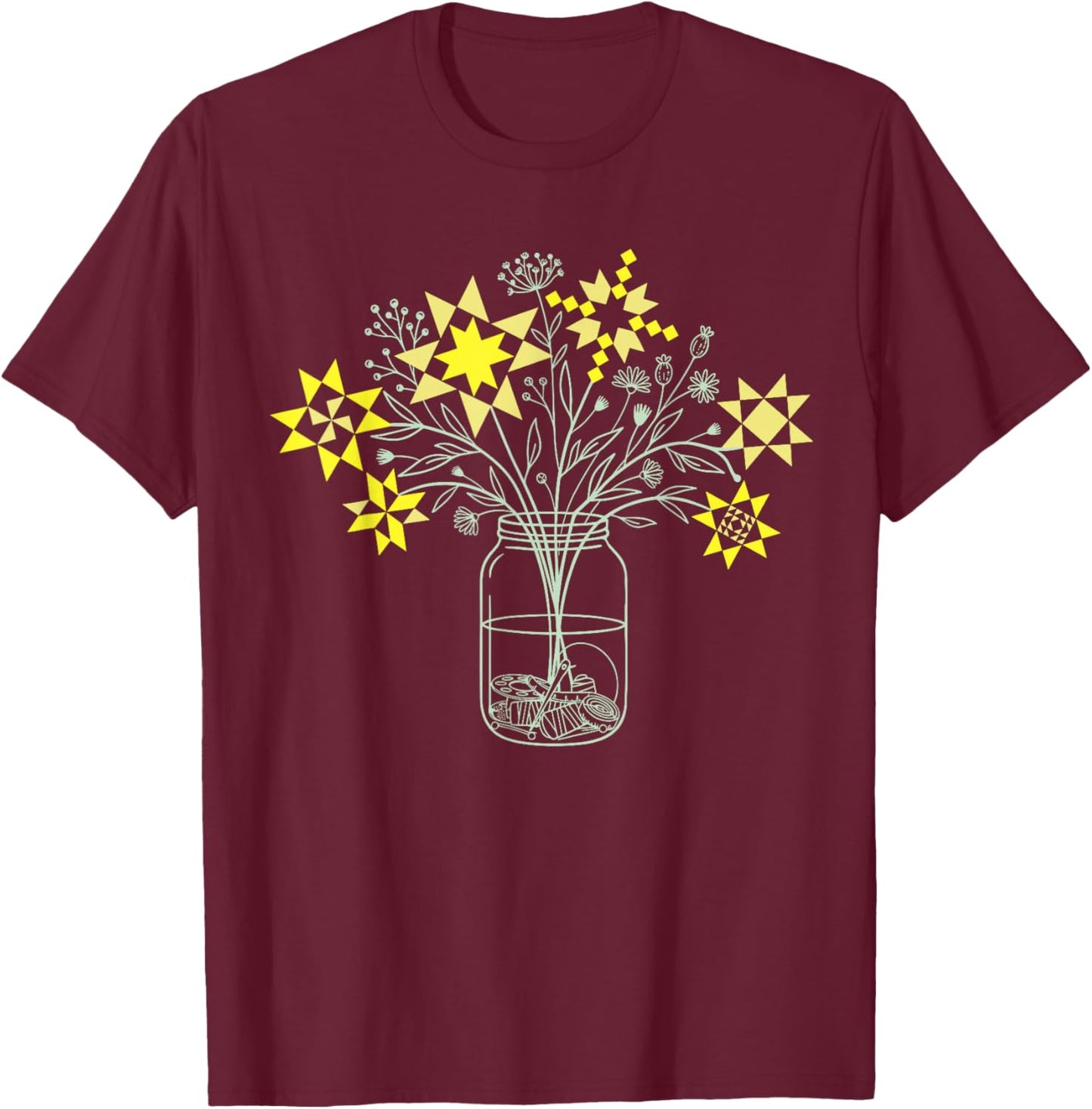 Funny Patchwork Posy Jar Quilt Block Floral Design Lovers T-Shirt - T-Shirt | Maroon