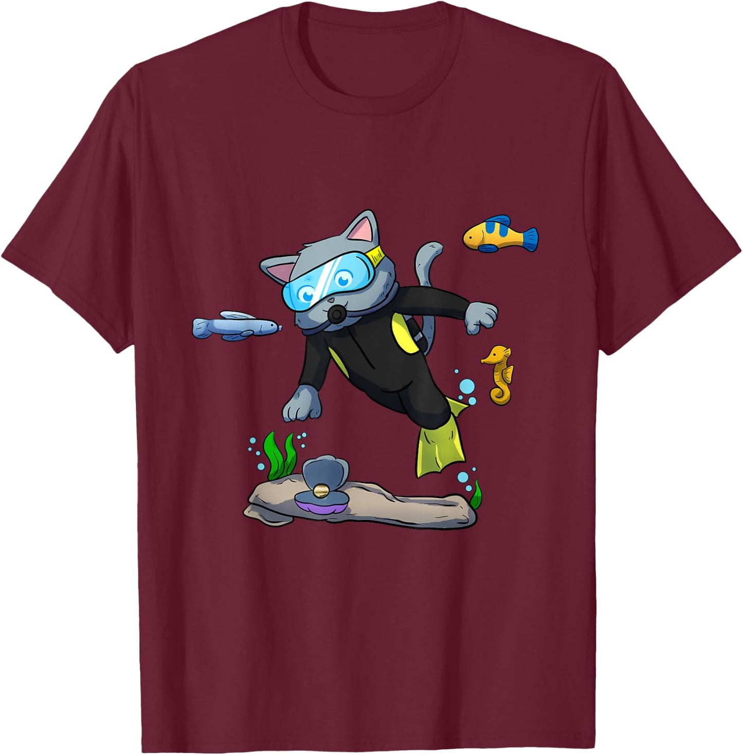 Scuba Diving Snorkeling Cat Sea Shell Mussel Dive T-Shirt - T-Shirt | Maroon