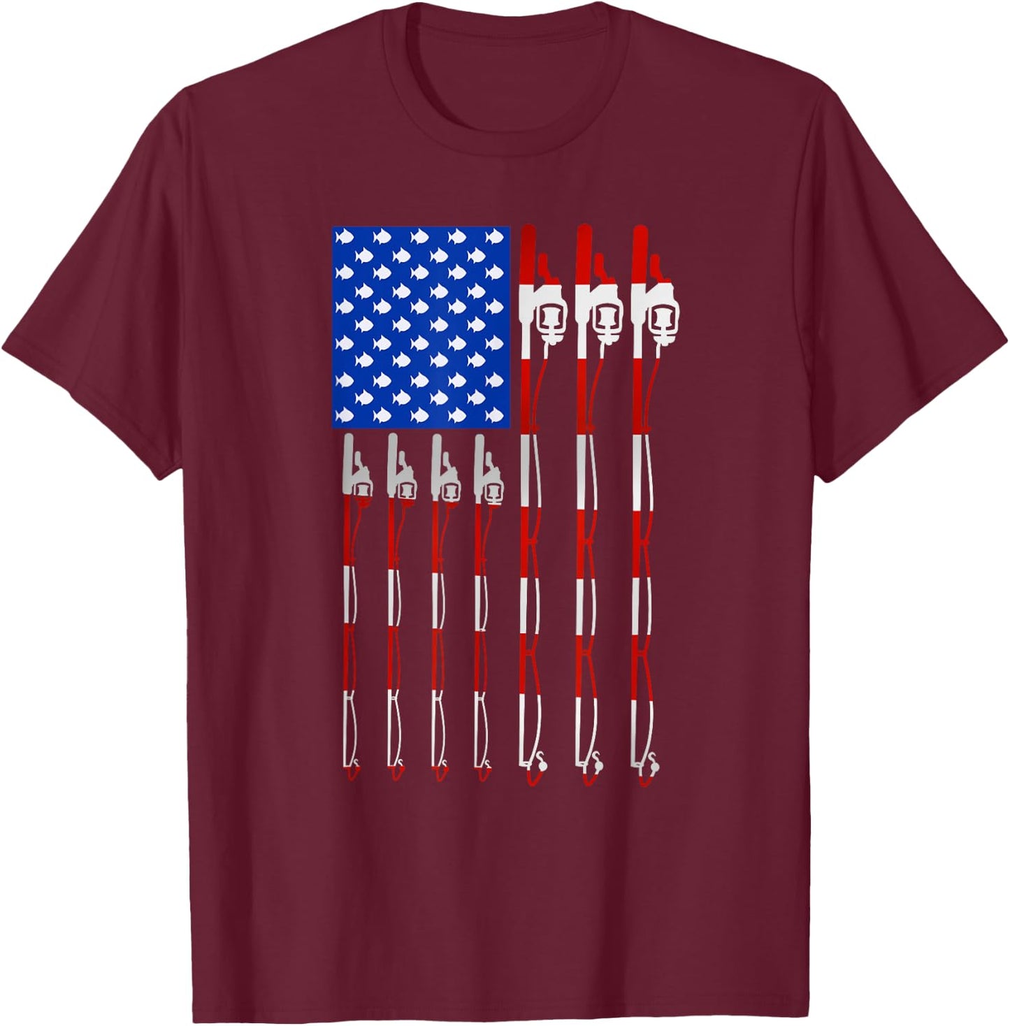 Patriotic Fishing American USA Flag Fishing Pole Women Kids Men T-Shirt - T-Shirt | Maroon