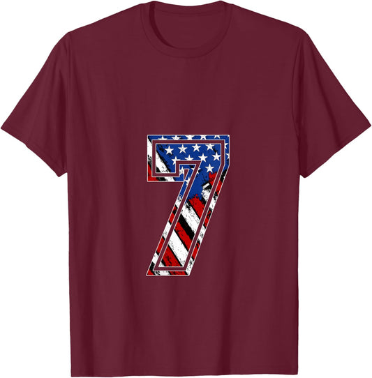 Women's Number 7 Red White and Blue American Flag #7 Jersey Shirt V-Neck T-Shirt - T-Shirt | Maroon