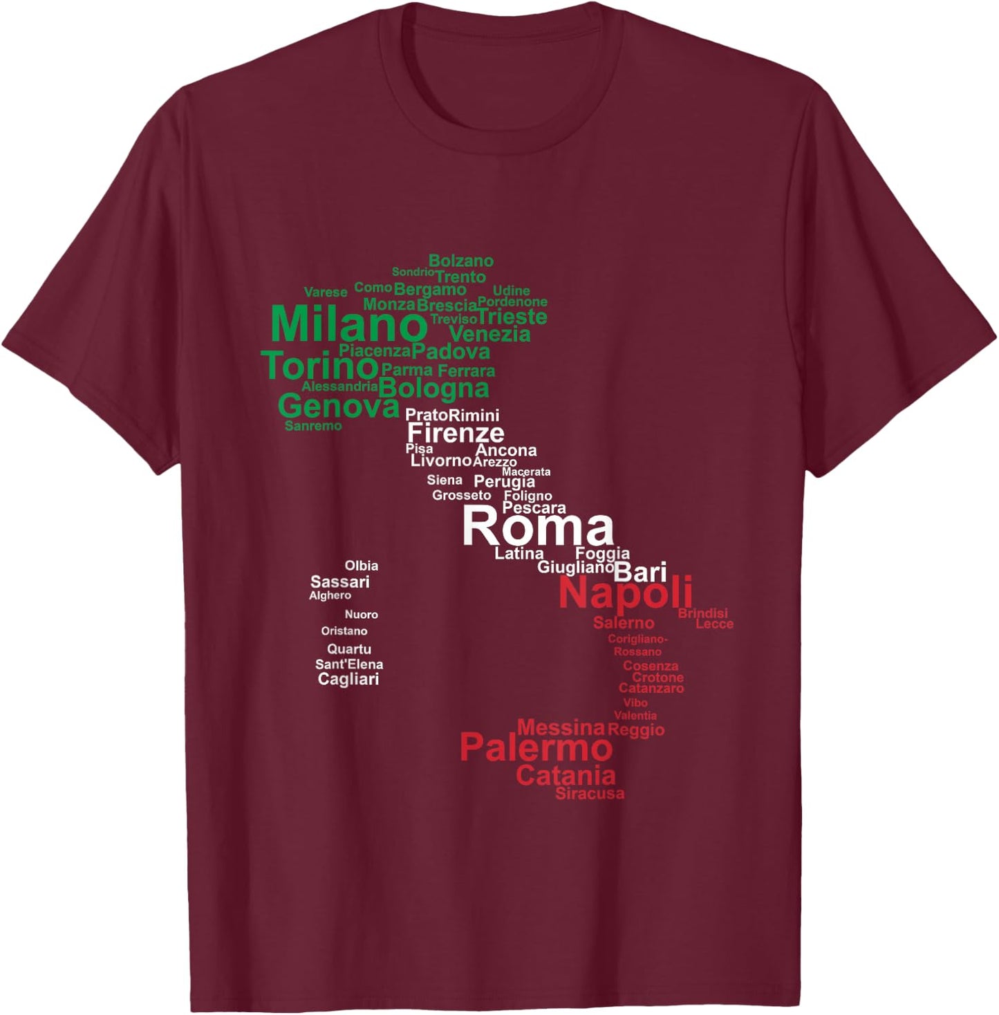 Italy Map Silhouette Flag Towns Cities Rome Travel Europe T-Shirt - T-Shirt | Maroon