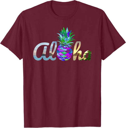 Cute Aloha Hawaii Pineapple Mermaid Purple Beach Lovers Luau T-Shirt - T-Shirt | Maroon