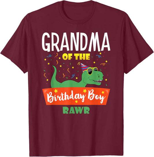 Matching Family Saurus Rex Dino Birthday Apparel Grandma of the Birthday Boy Dinosaur Grandson Grandmother T-Shirt - T-Shirt | Maroon