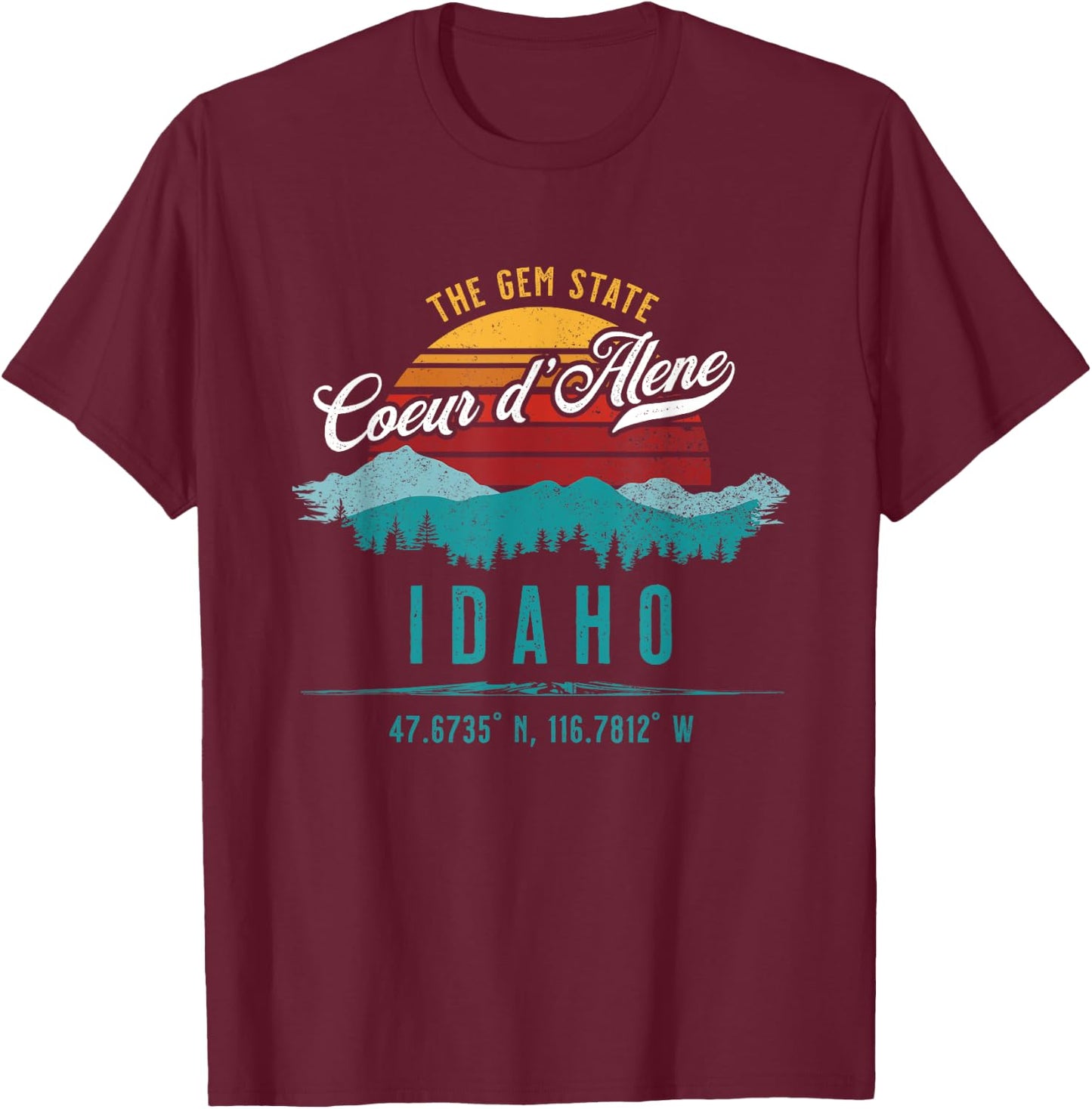 Vintage Coeur d'Alene Idaho Retro Sun Souvenir T-Shirt - T-Shirt | Maroon