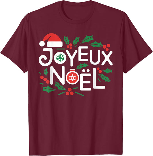 Cute Joyeux Noel Merry Christmas Xmas Holiday French France T-Shirt - T-Shirt | Maroon