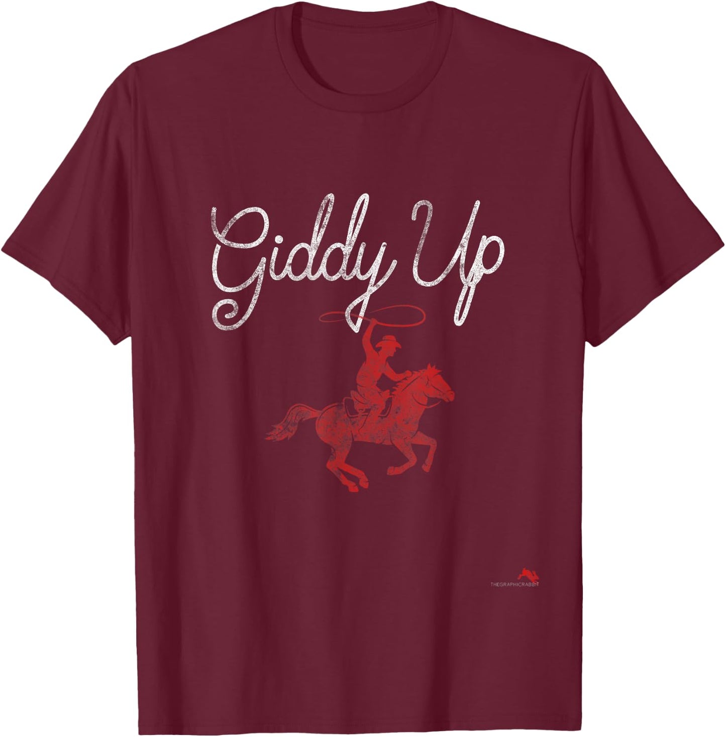 Rodeo Round Up Apparel Giddy Up - -Adults, Black, Small, Short Sleeve, Vintage, Cowgirl, Vacation T-Shirt - T-Shirt | Maroon