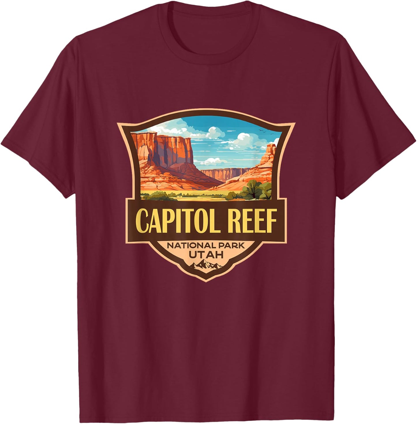 Capitol Reef National Park Illustration Retro Badge T-Shirt - T-Shirt | Maroon