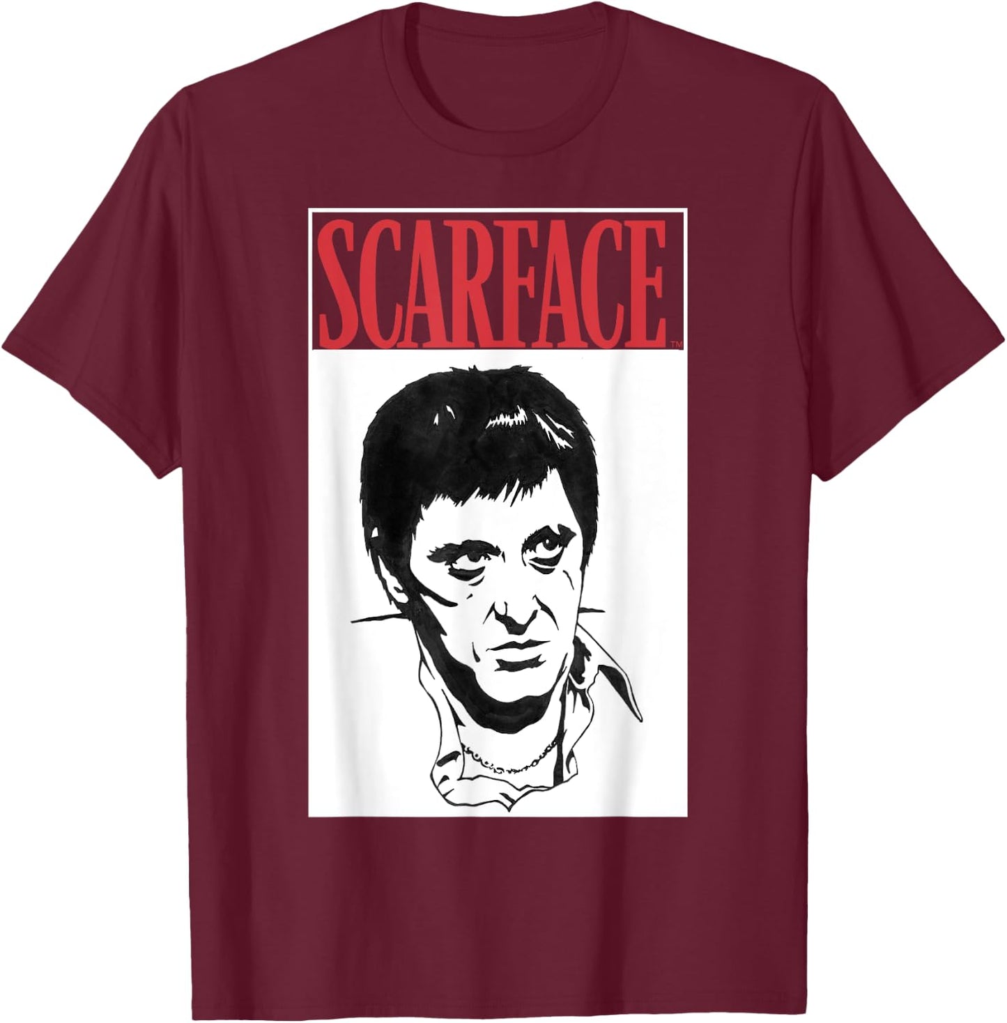 Scarface Black And White Portrait Red Text Graphic T-Shirt - T-Shirt | Maroon