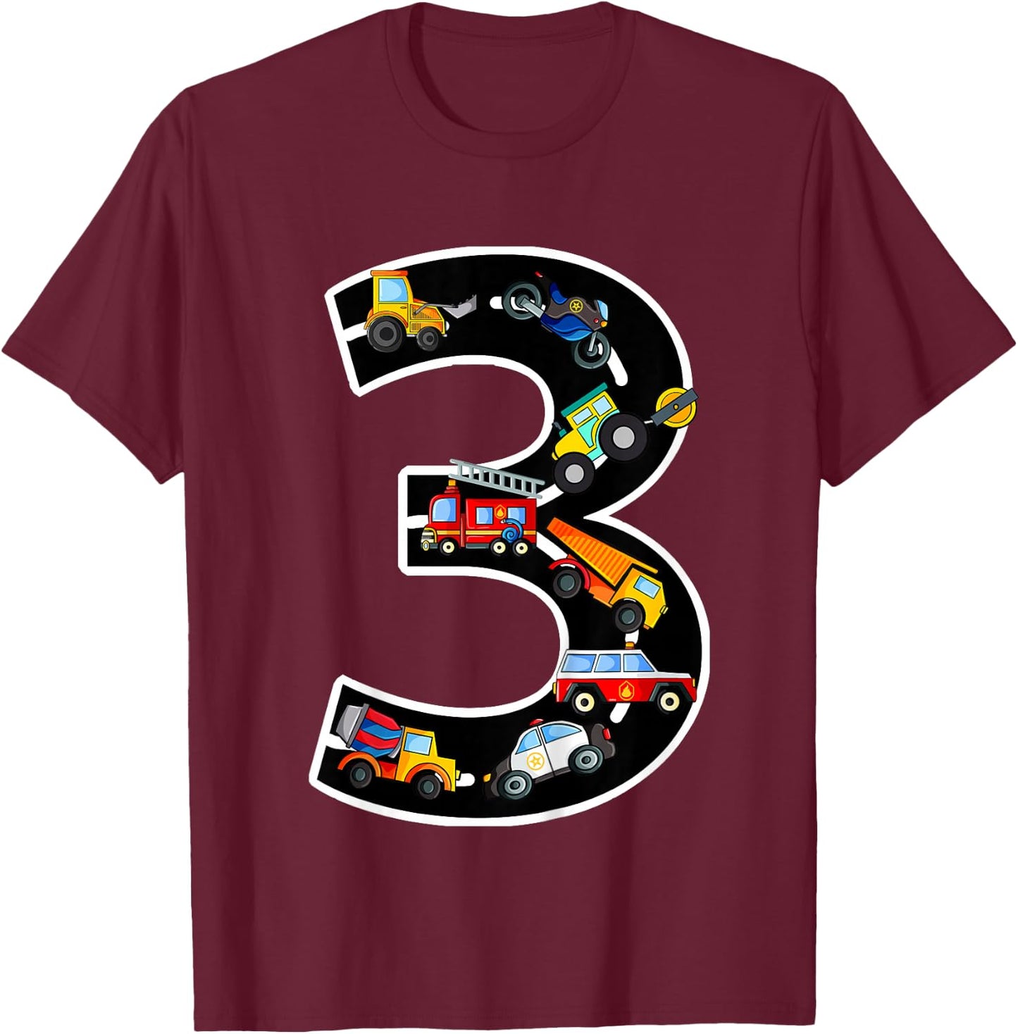 3rd Birthday Boys Cars Vehicles 3 Years Birthday T-Shirt - T-Shirt | Maroon