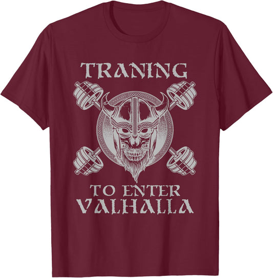 Training to Valhalla Weightlifting Gym Workout Fitness T-Shirt - T-Shirt | Maroon