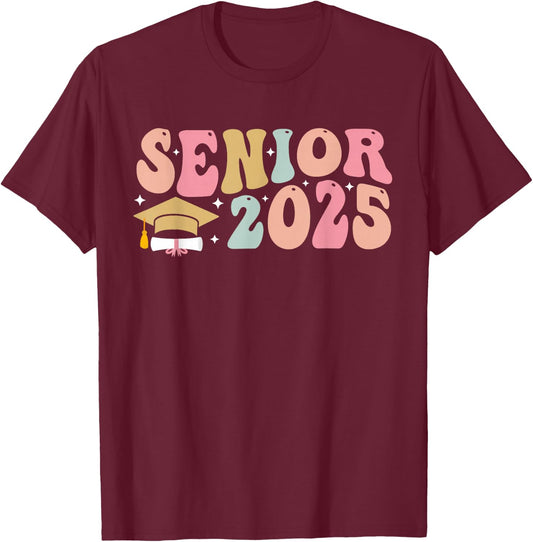 Retro Groovy Senior 2025 High School Graduate Class of 2025 T-Shirt - T-Shirt | Maroon