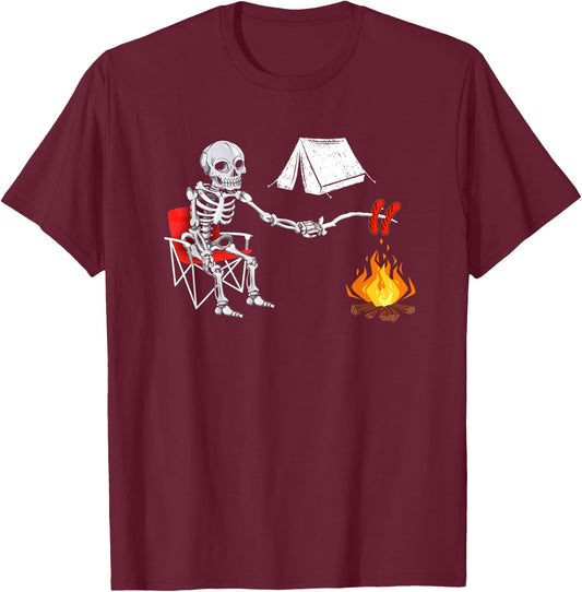 Skeleton Camping Campfire Hiking Halloween T-Shirt - T-Shirt | Maroon