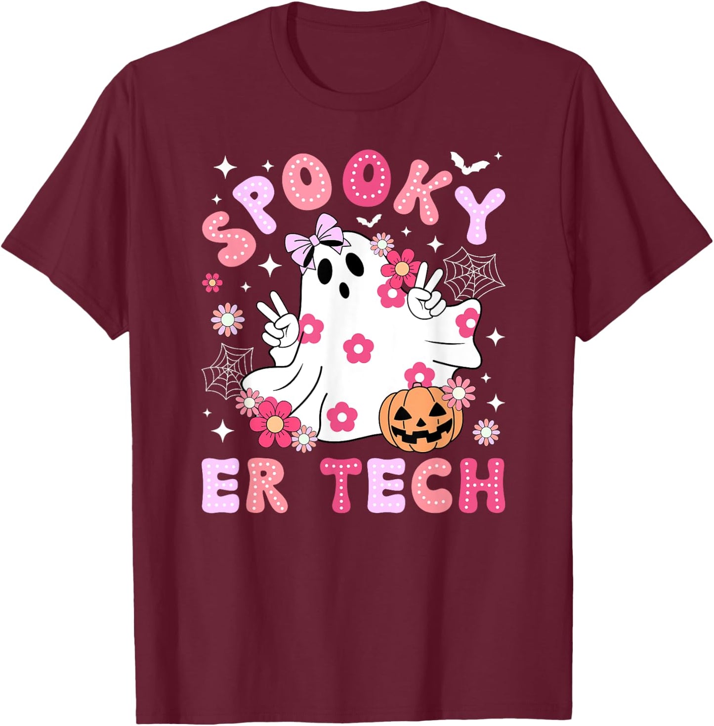 Spooky ER Tech Halloween Emergency Room Tech Groovy T-Shirt - T-Shirt | Maroon