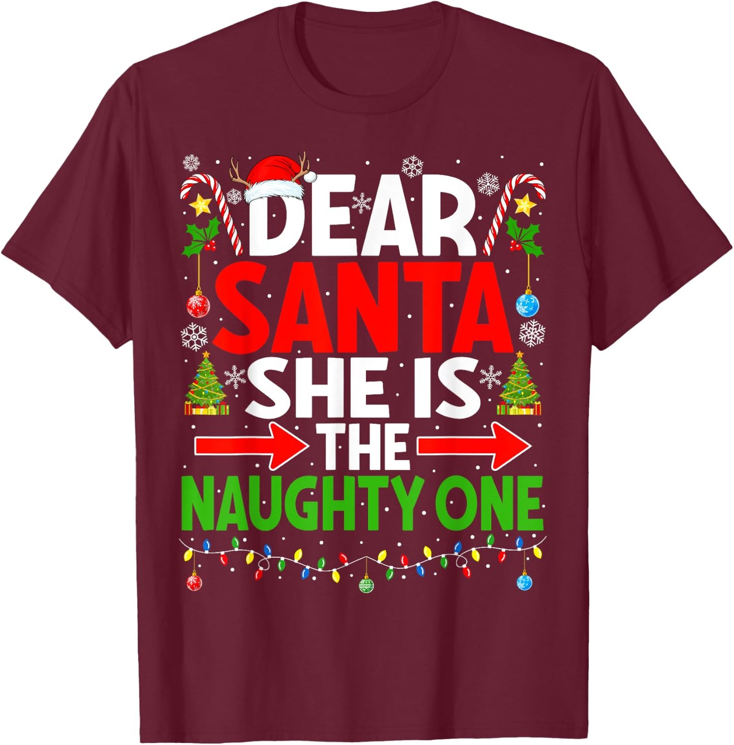 Dear Santa She's Naughty One Christmas Couple Pajama Couples T-Shirt - T-Shirt | Maroon